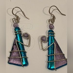 Purple and blue metallic resin earrings with silver wire and purple beads